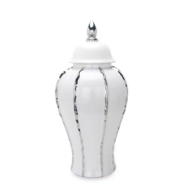 25" White And Silver Striped Urn Crystal Ginger Jar - Image 2
