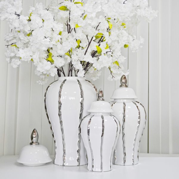 25" White And Silver Striped Urn Crystal Ginger Jar - Image 3