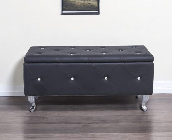38" Black and Silver Faux Leather Storage Bench With Flip Top - Image 2