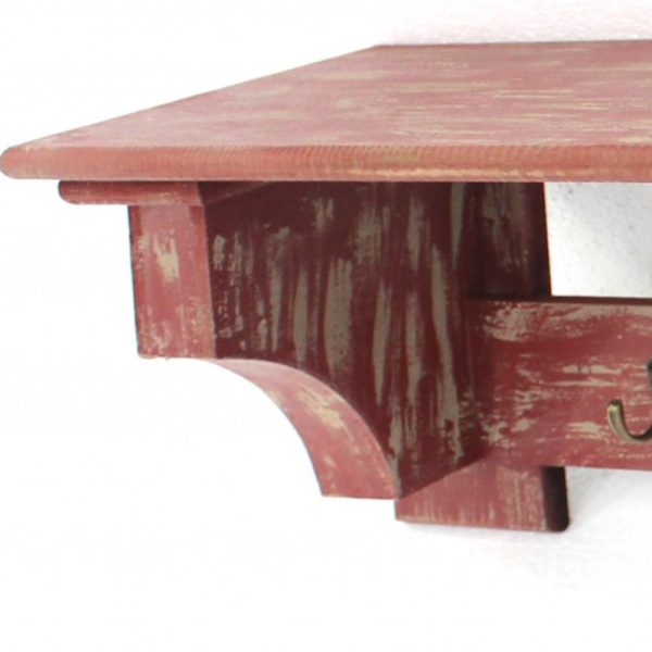 8 X 30 X 9.75 Red Vintage Wooden 4 Metal Hooks - Wall Shelf - Image 3