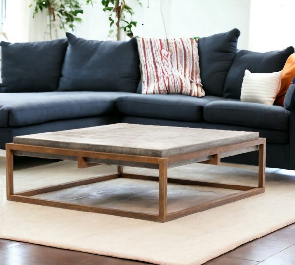 42" Dark Gray And Rust Concrete And Iron Square Coffee Table - Image 2