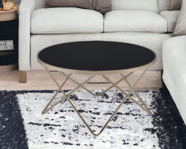 34" Black And Gold Glass And Iron Round Coffee Table - Image 2