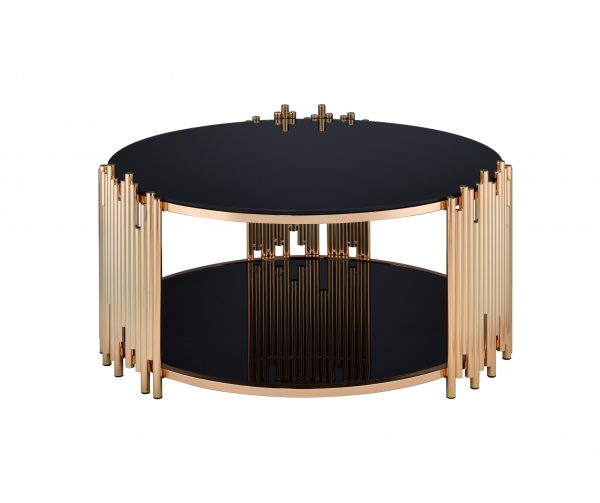 37" Black And Gold Glass And Stainless Steel Round Mirrored Coffee Table - Image 3
