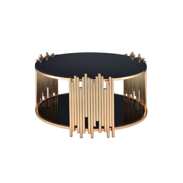 37" Black And Gold Glass And Stainless Steel Round Mirrored Coffee Table - Image 2