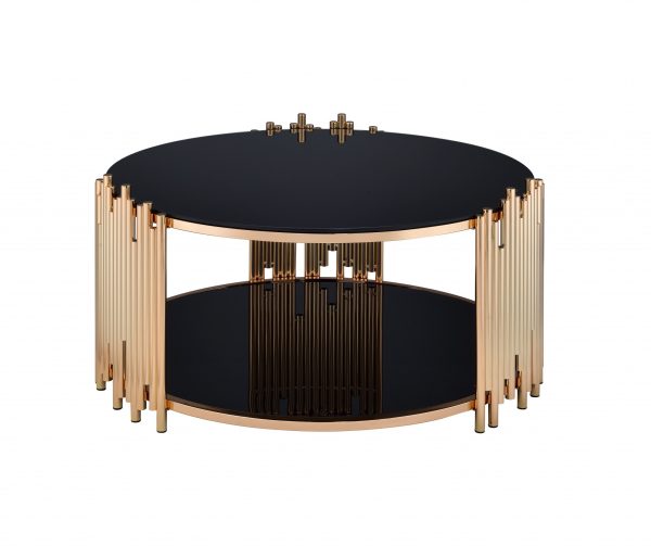 37" Black And Gold Glass And Stainless Steel Round Mirrored Coffee Table - Image 4