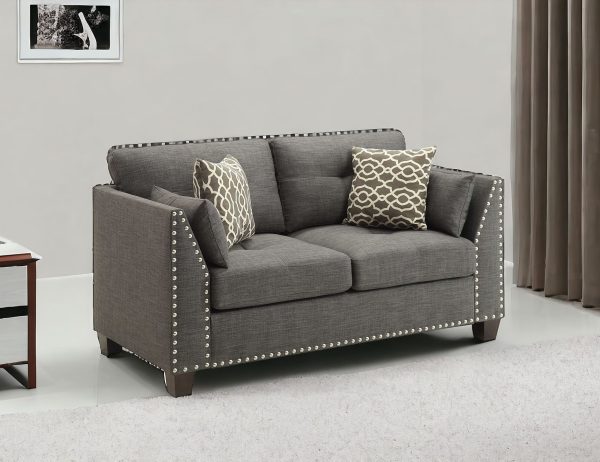 58" Light Gray And Dark Brown Loveseat and Toss Pillows - Image 2