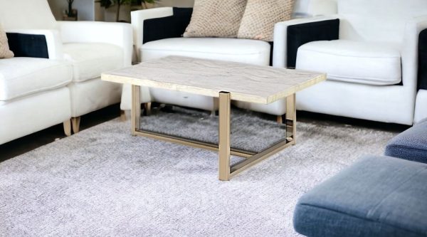 43" White and Gold Faux Marble And Iron Frame Coffee Table - Image 3