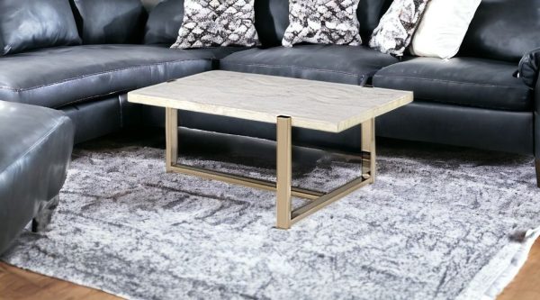 43" White and Gold Faux Marble And Iron Frame Coffee Table - Image 2