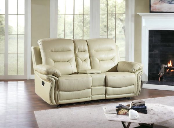 75" Beige Faux Leather Manual Reclining Love Seat With Storage - Image 2