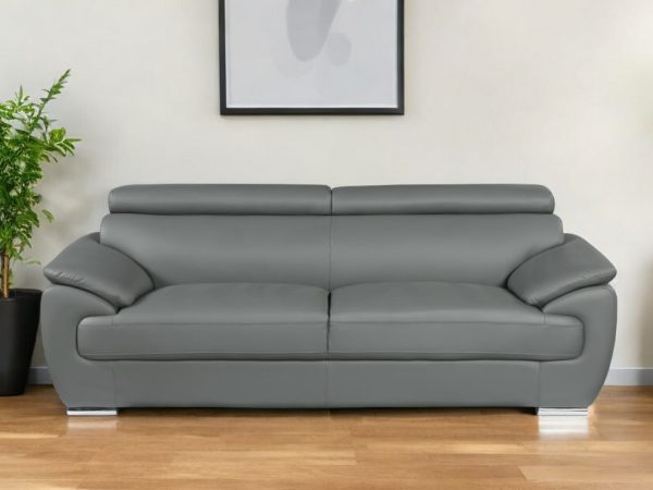 86" Gray Leather Sofa With Silver Legs - Image 2
