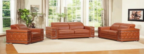Three Piece Indoor Camel Italian Leather Six Person Seating Set - Image 2