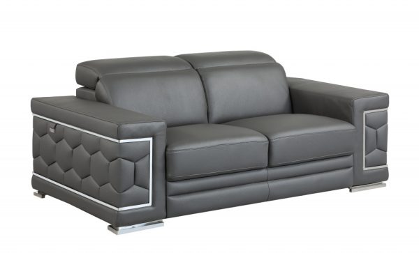 71" Gray And Silver Genuine Leather Love Seat - Image 3