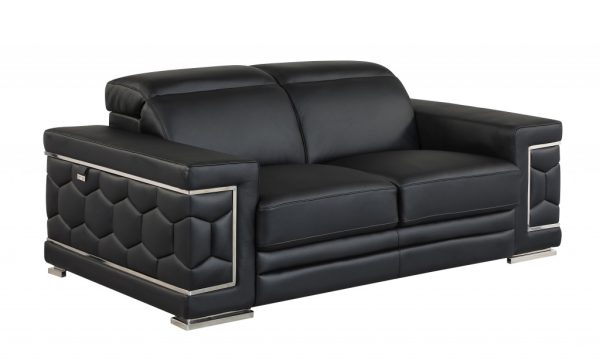 71" Black And Silver Genuine Leather Love Seat - Image 3