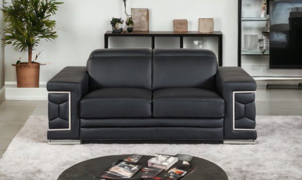 71" Black And Silver Genuine Leather Love Seat - Image 2
