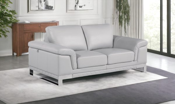 73" Light Gray And Silver Genuine Leather Loveseat - Image 2