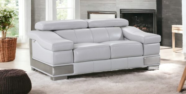73" Light Gray And Silver Genuine Leather Love Seat - Image 2