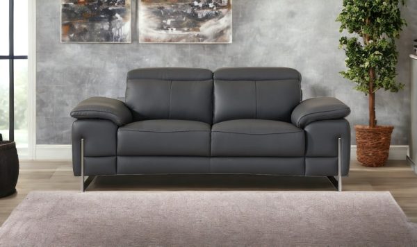 71" Dark Gray And Silver Genuine Leather Loveseat - Image 2