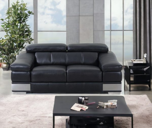 73" Black And Silver Genuine Leather Love Seat - Image 2