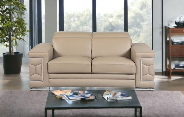 71" Beige And Silver Genuine Leather Love Seat - Image 2