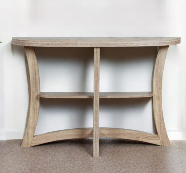 47" Taupe Half Moon Three Leg Console Table With Shelves - Image 2