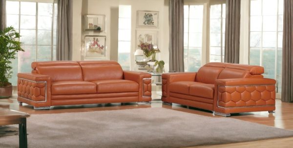 Two Piece Indoor Camel Italian Leather Five Person Seating Set - Image 2