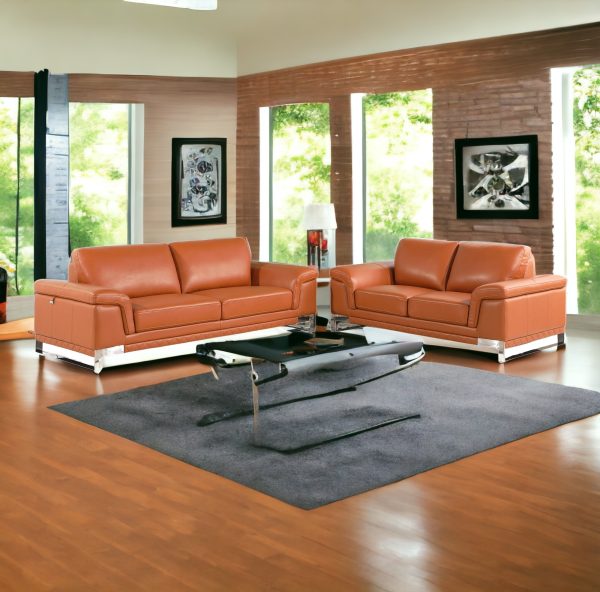 Two Piece Indoor Camel Italian Leather Five Person Seating Set - Image 2