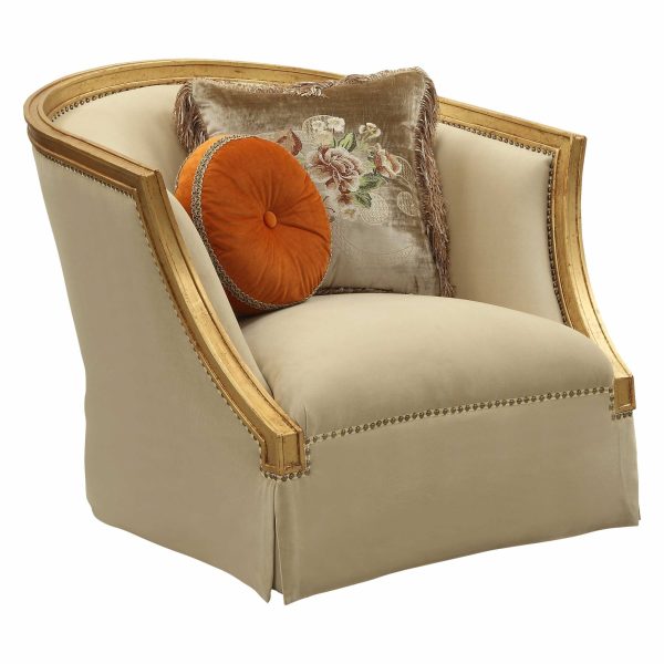 41" Tan and Gold Distressed Arm Chair and Toss Pillows - Image 4