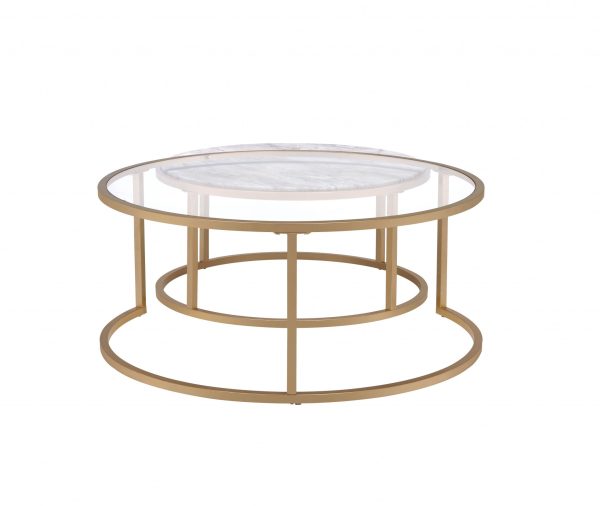 Set of Two 36" Clear White And Gold Glass Faux Marble And Iron Round Nested Coffee Tables - Image 2
