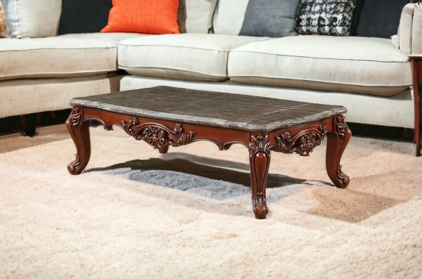 36" Gray and Brown Genuine Marble And Solid Wood Coffee Table - Image 2
