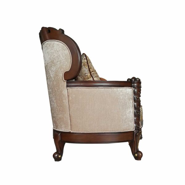 68" Cream And Brown Damask Chesterfield Loveseat and Toss Pillows - Image 3