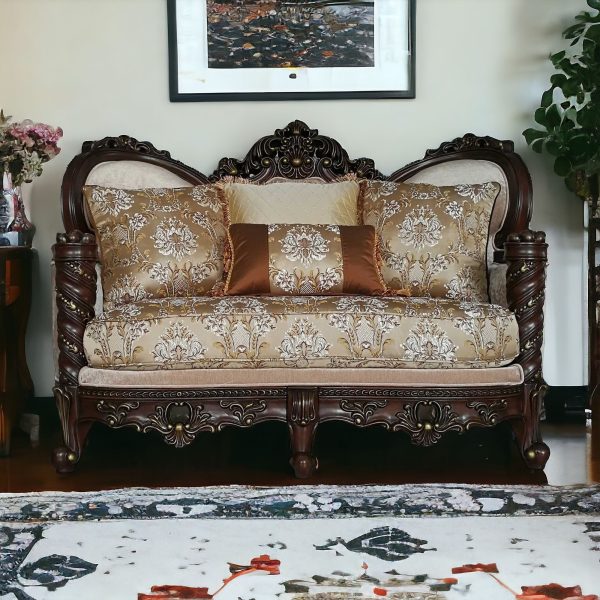 68" Cream And Brown Damask Chesterfield Loveseat and Toss Pillows - Image 2
