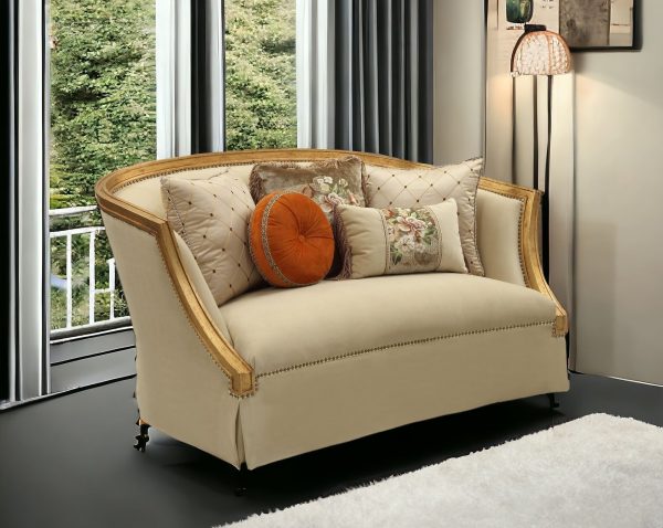 70" Tan And Gold Curved Loveseat and Toss Pillows - Image 2