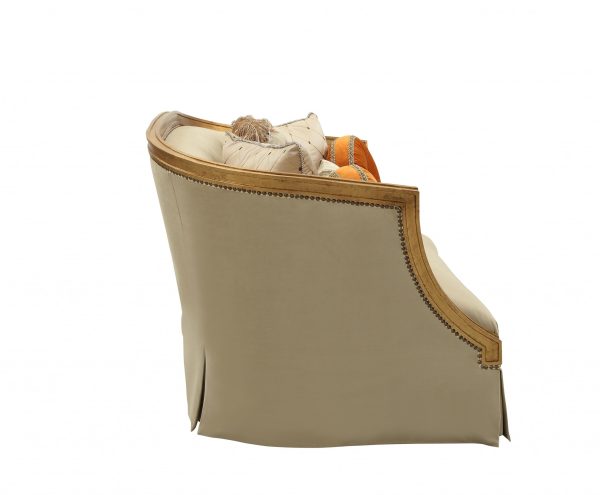 70" Tan And Gold Curved Loveseat and Toss Pillows - Image 3