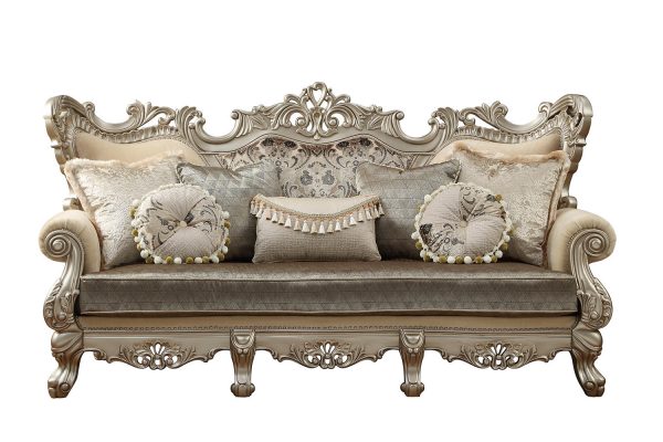 41" Champagne Cotton Blend Curved Floral Sofa And Toss Pillows - Image 3