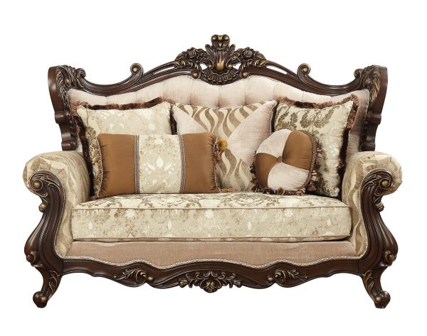 70" Beige and Brown And Brown Damask Loveseat and Toss Pillows - Image 3