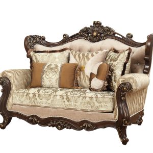 70" Beige and Brown And Brown Damask Loveseat and Toss Pillows