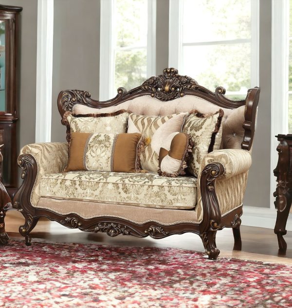 70" Beige and Brown And Brown Damask Loveseat and Toss Pillows - Image 2