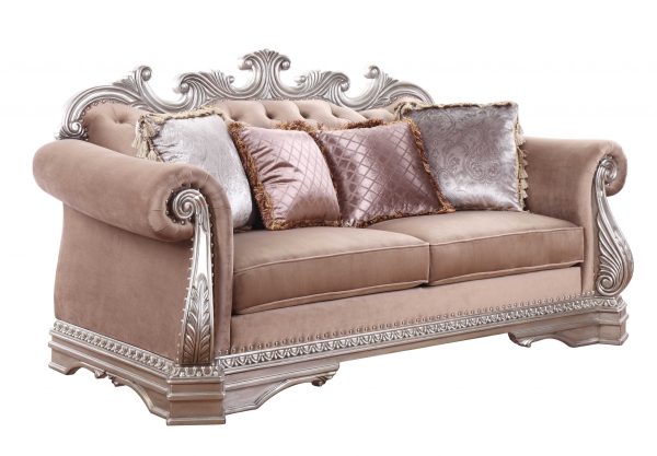 80" Champagne Velour Loveseat and Toss Pillows - Image 3