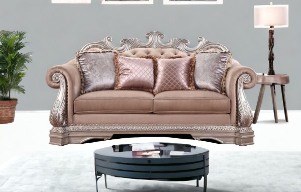 80" Champagne Velour Loveseat and Toss Pillows - Image 2