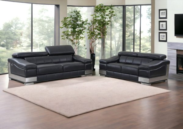 Two Piece Indoor Black Italian Leather Five Person Seating Set - Image 2