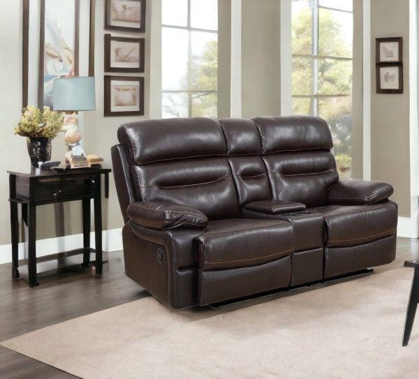 78" Brown Faux Leather Manual Reclining Love Seat With Storage - Image 2
