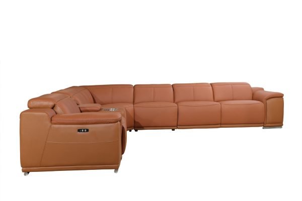Camel Italian Leather Power Reclining U Shaped Seven Piece Corner Sectional With Console - Image 3