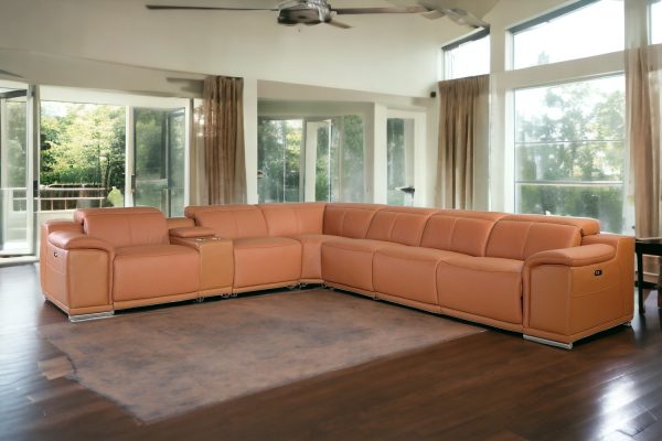Camel Italian Leather Power Reclining U Shaped Seven Piece Corner Sectional With Console - Image 2