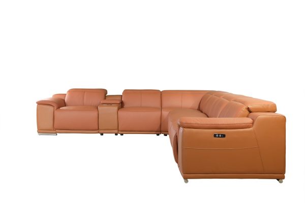 Camel Italian Leather Power Reclining U Shaped Seven Piece Corner Sectional With Console - Image 3