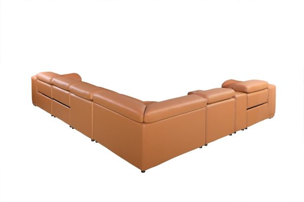 Camel Italian Leather Power Reclining U Shaped Eight Piece Corner Sectional With Console - Image 2