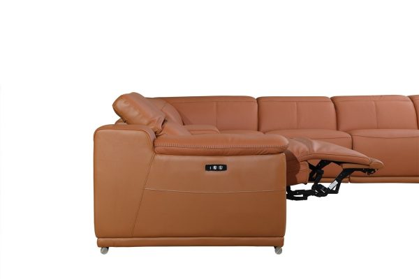 Camel Italian Leather Power Reclining U Shaped Eight Piece Corner Sectional With Console - Image 3