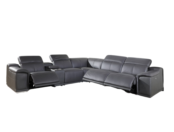Gray Italian Leather Power Reclining U Shaped Six Piece Corner Sectional With Console - Image 3
