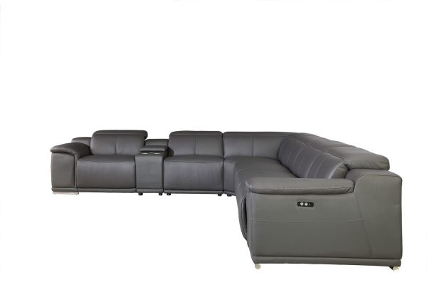 Gray Italian Leather Power Reclining U Shaped Seven Piece Corner Sectional With Console - Image 3