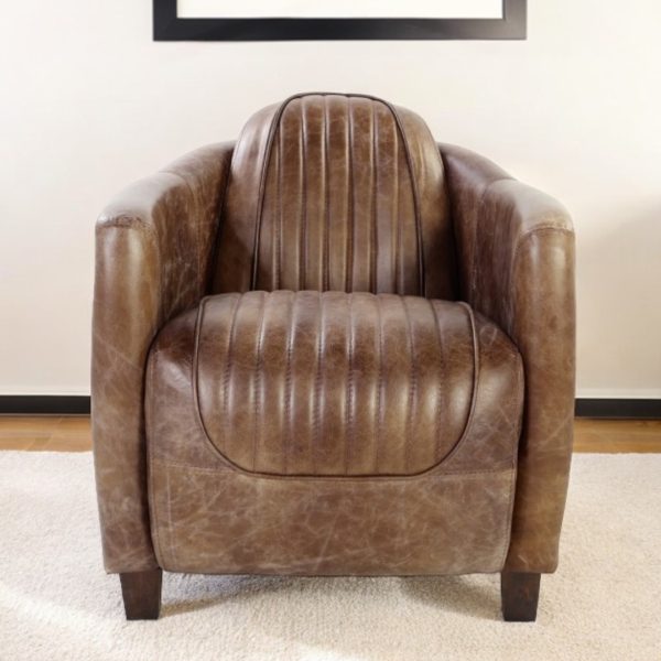 29" Brown Faux Leather Distressed Barrel Chair - Image 2