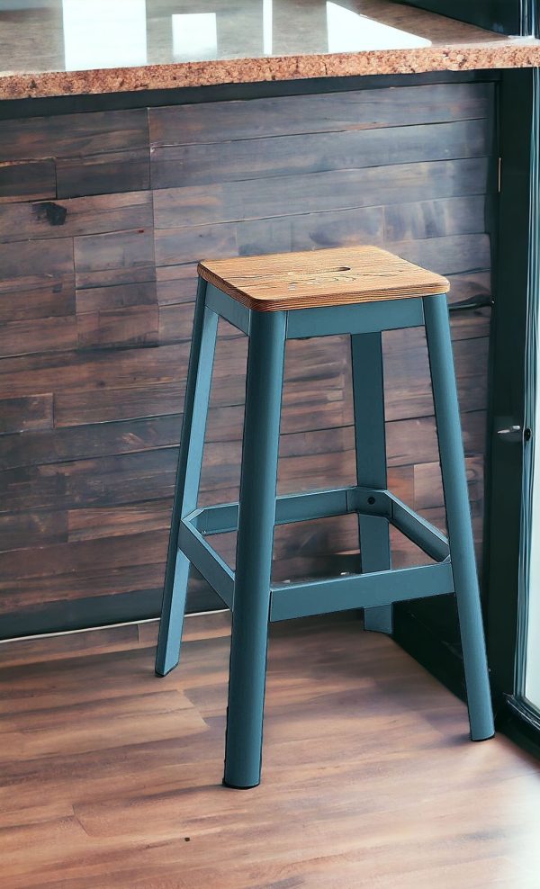 30" Wood Brown And Green Solid Wood And Metal Counter Height Bar Chair - Image 2